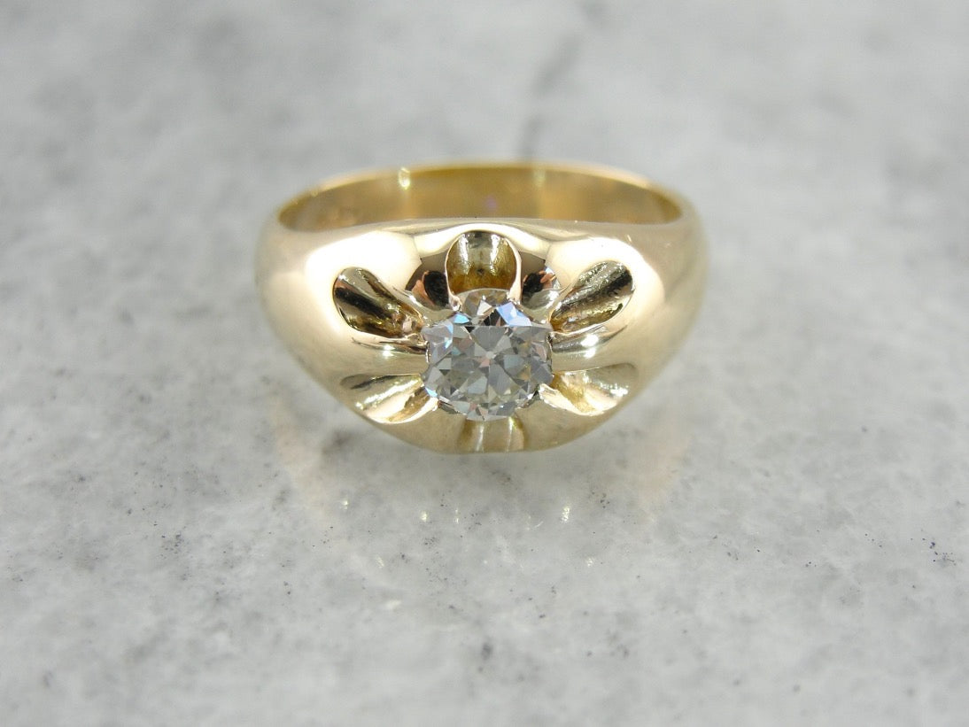 Pretty Belcher Set Diamond Solitaire, Mens or Ladies Vintage Ring