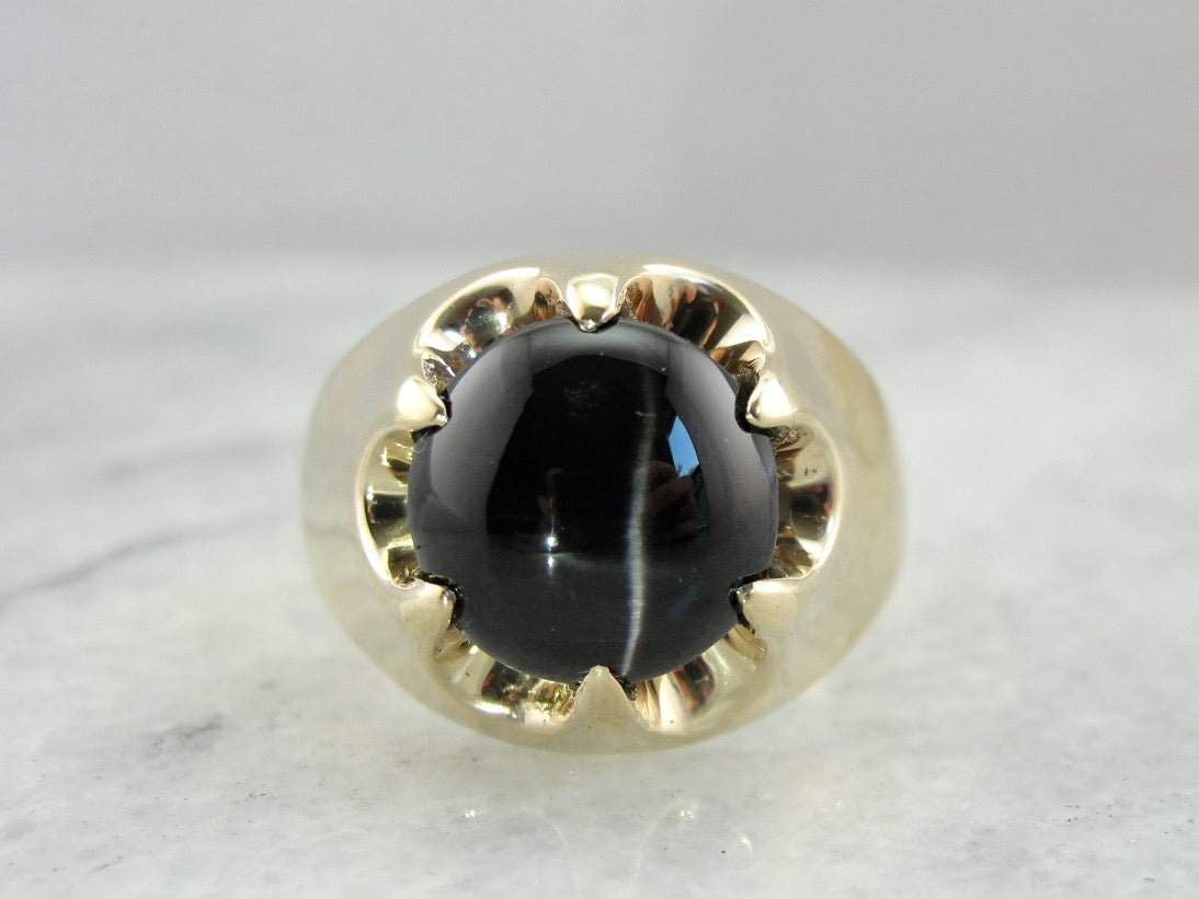 Vintage Statement: Large Cat&#39;s Eye Sillimanite Ring with Unisex Style, Belcher