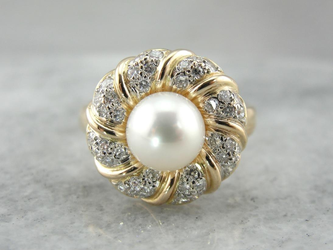 Modern White Pearl and Diamond Cocktail Ring