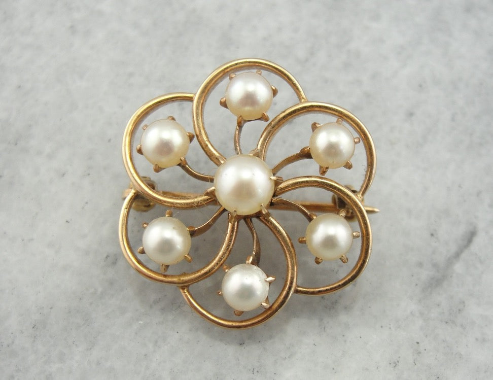 Vintage Pearl Brooch with Floral Design