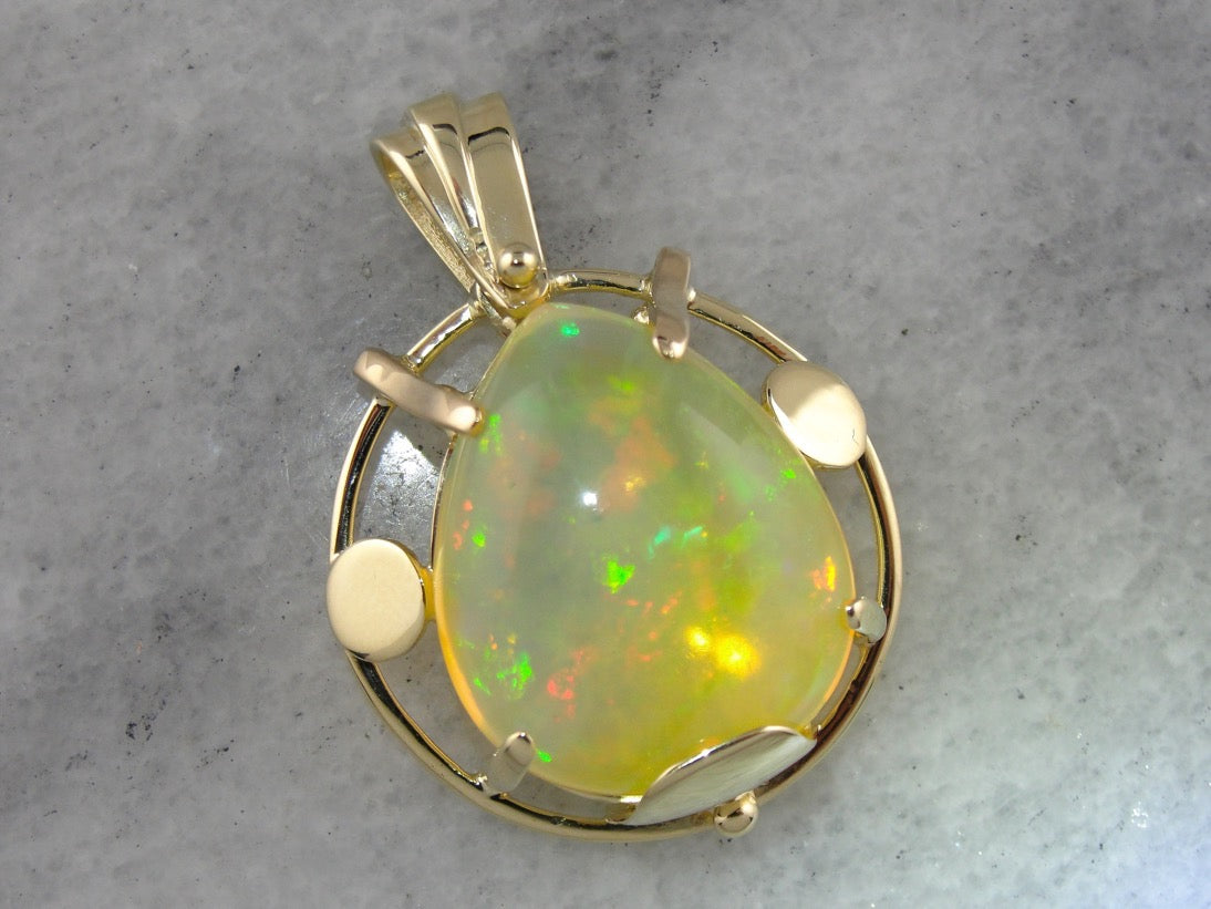 Large Ethiopian Opal Pendant in Handmade Yellow Gold Pendant