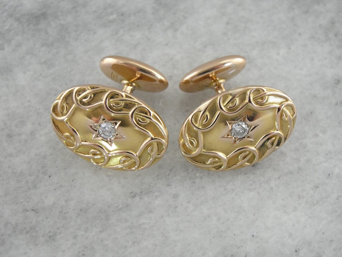 Dapper Victorian Era Diamond Cufflinks, Curling and Curving Motif