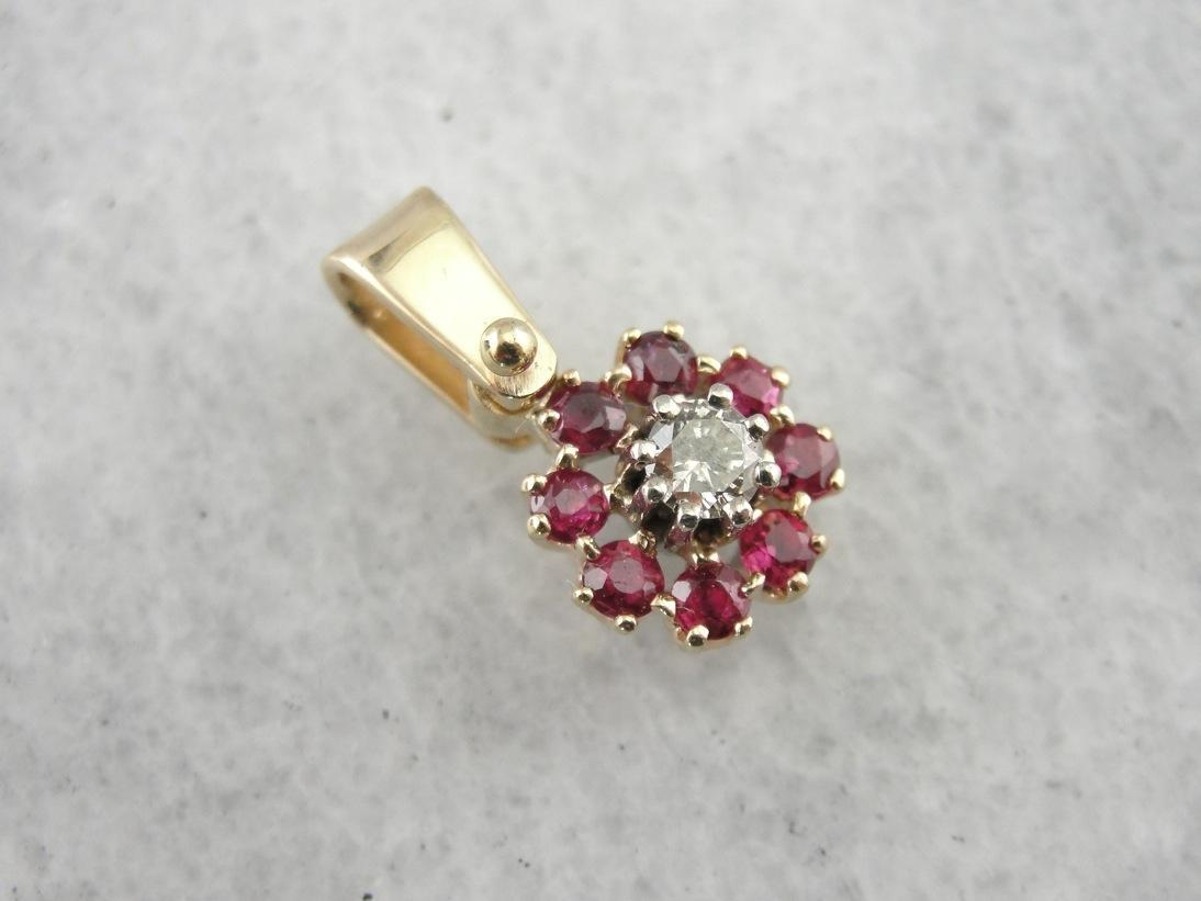 Floral Ruby and Diamond Cluster Gold Pendant