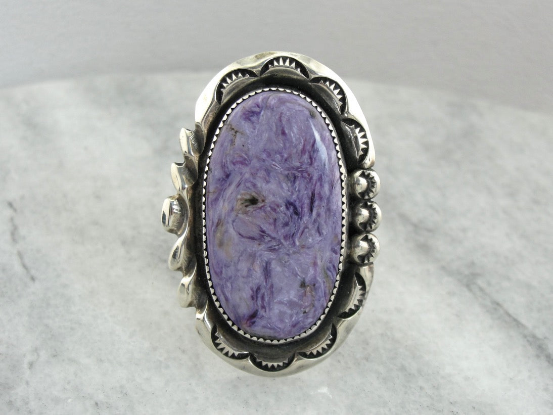 Oversized Charoite Gemstone Statement Ring, Sterling Silver Mounting from the American West