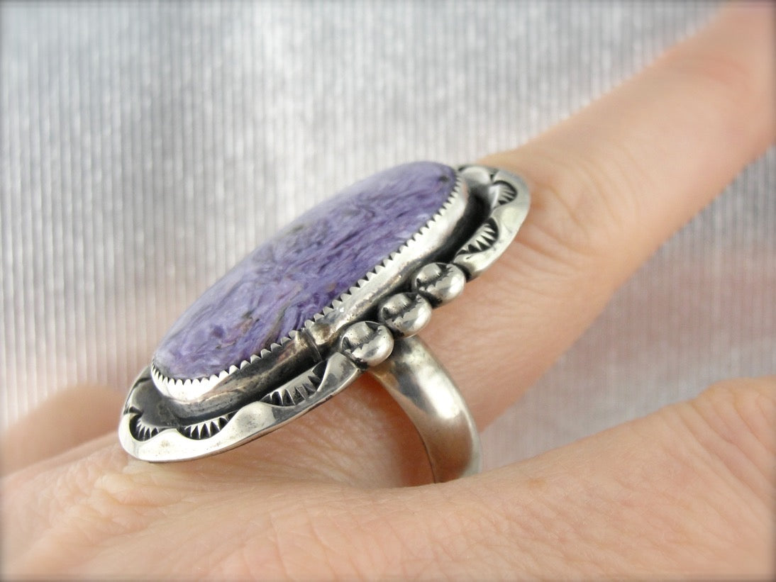 Charoite, top Amethyst and Pearl Ring, Size 7