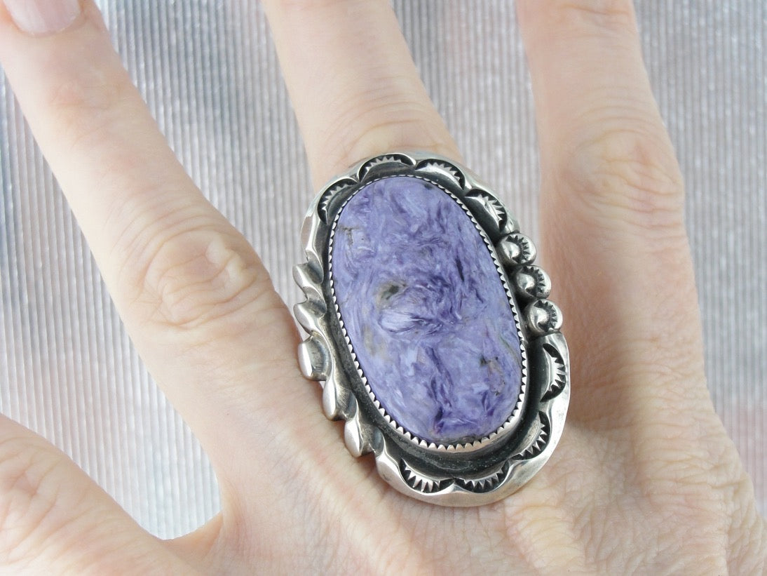 Oversized Charoite Gemstone Statement Ring, Sterling Silver Mounting from the American West