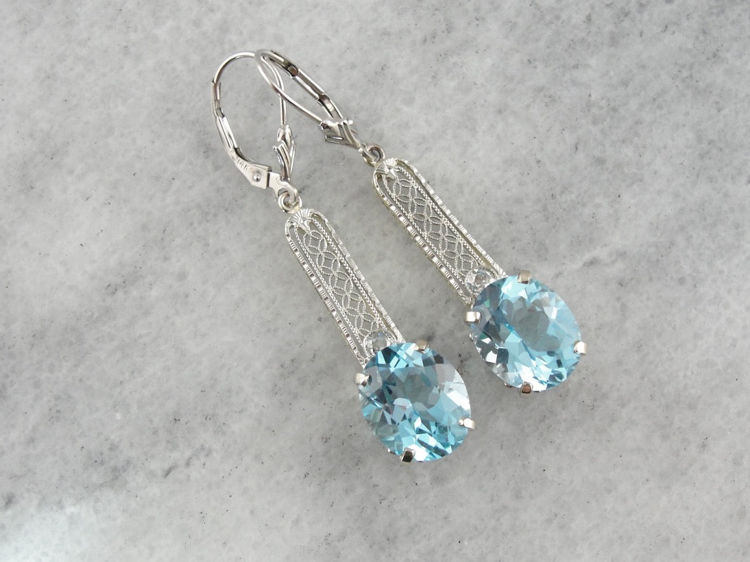 Beautiful Blue Topaz and Diamond Filigree Drop Earrings, Upcycled Antique White Gold Bridal Earrings