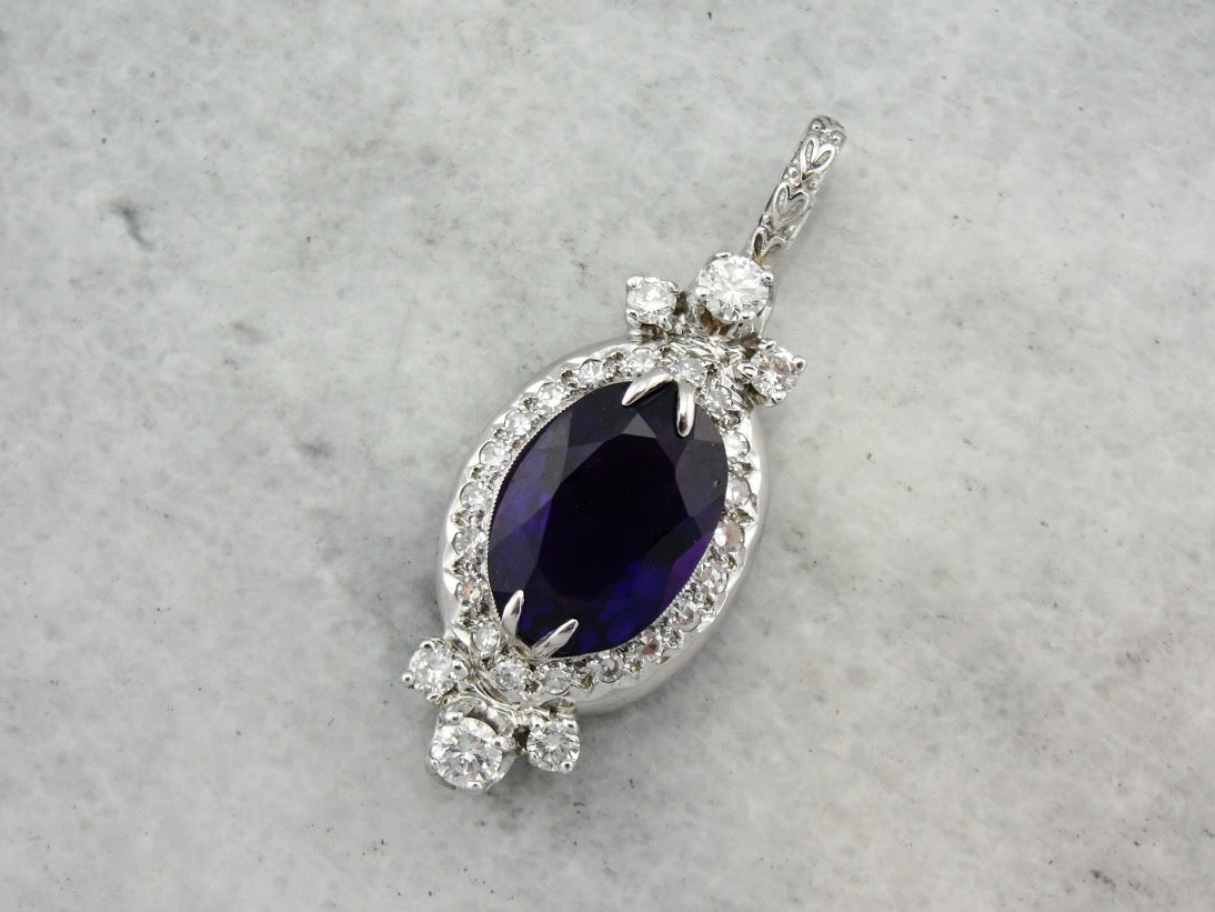 Lovely Retro Era Amethyst and Diamond Pendant, Converted From Vintage Watch