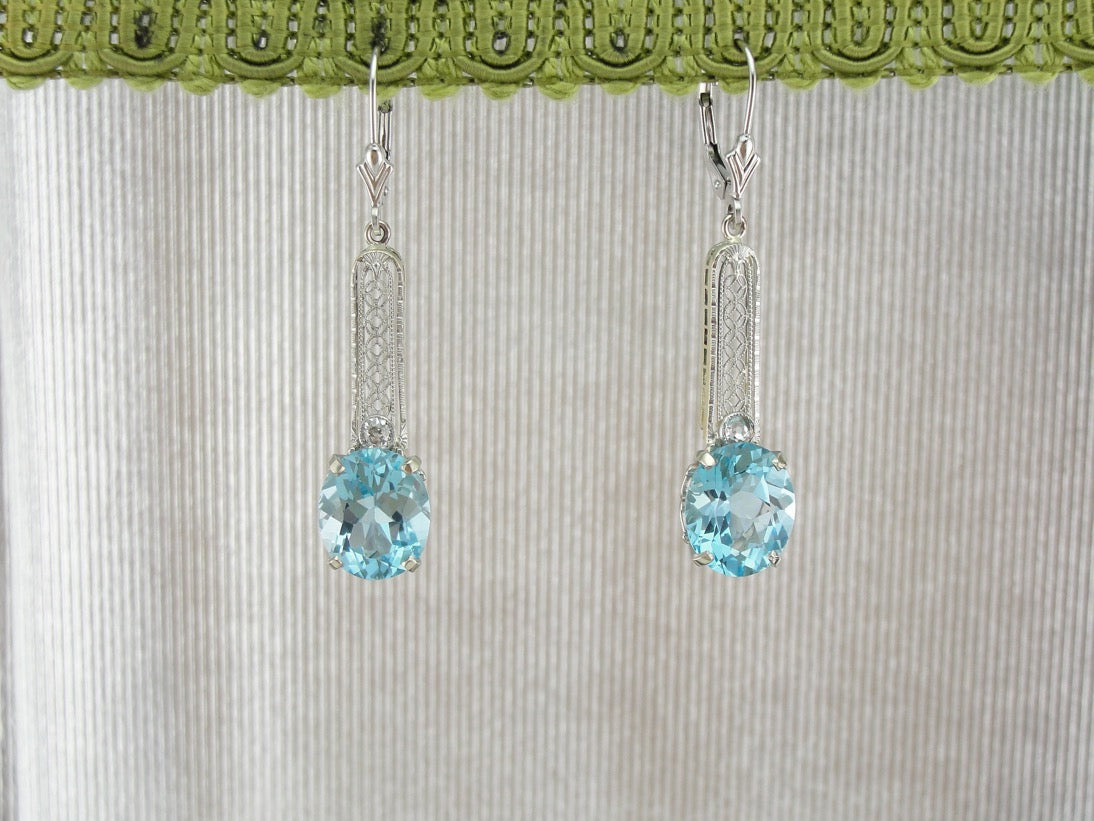 Beautiful Blue Topaz and Diamond Filigree Drop Earrings, Upcycled Antique White Gold Bridal Earrings