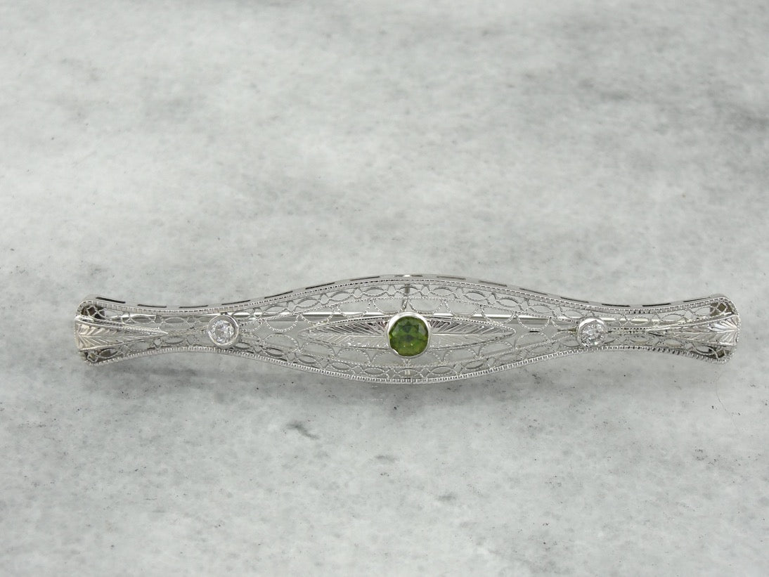 Edwardian Demantoid Garnet and Diamond Brooch, White Gold Filigree Bridal Jewelry