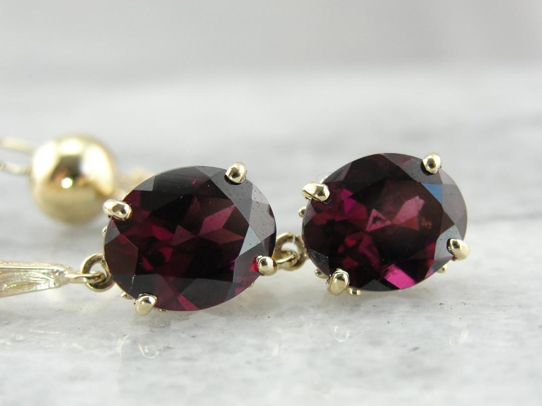 Grape Garnet and Antique Etched Gold Bar: Drop Earrings