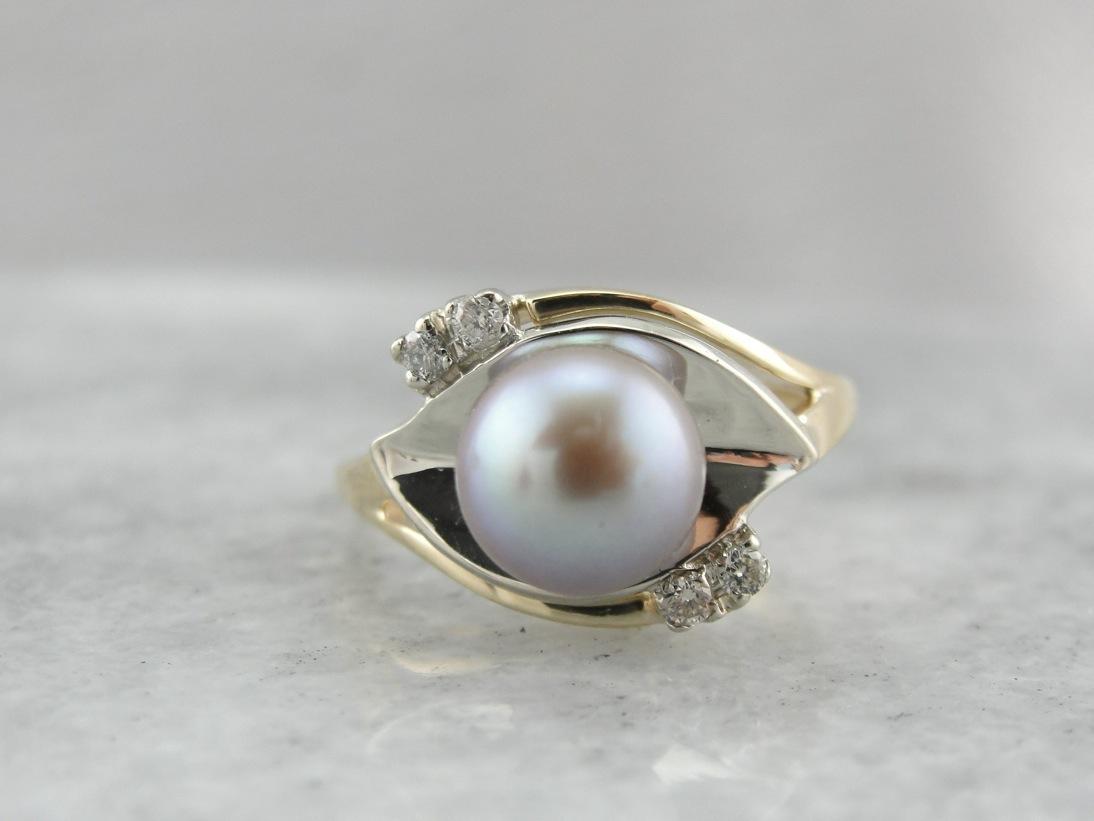 Feminine Plum Pearl and Diamond Cocktail Ring