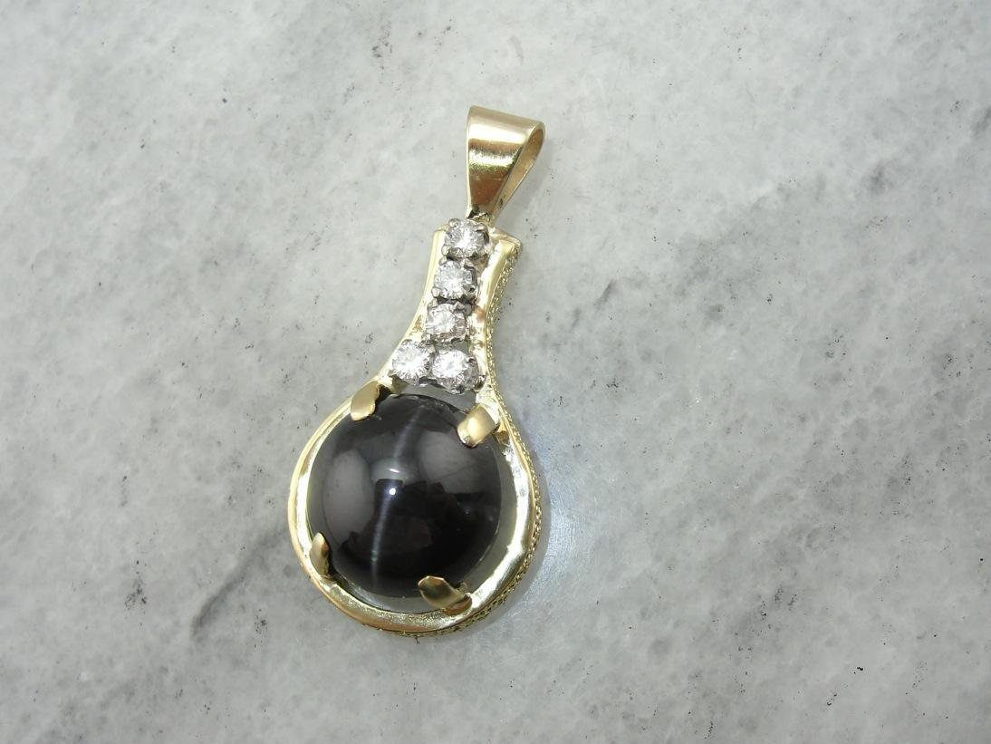 Cat&#39;s Eye Sillimanite and Diamond Pendant