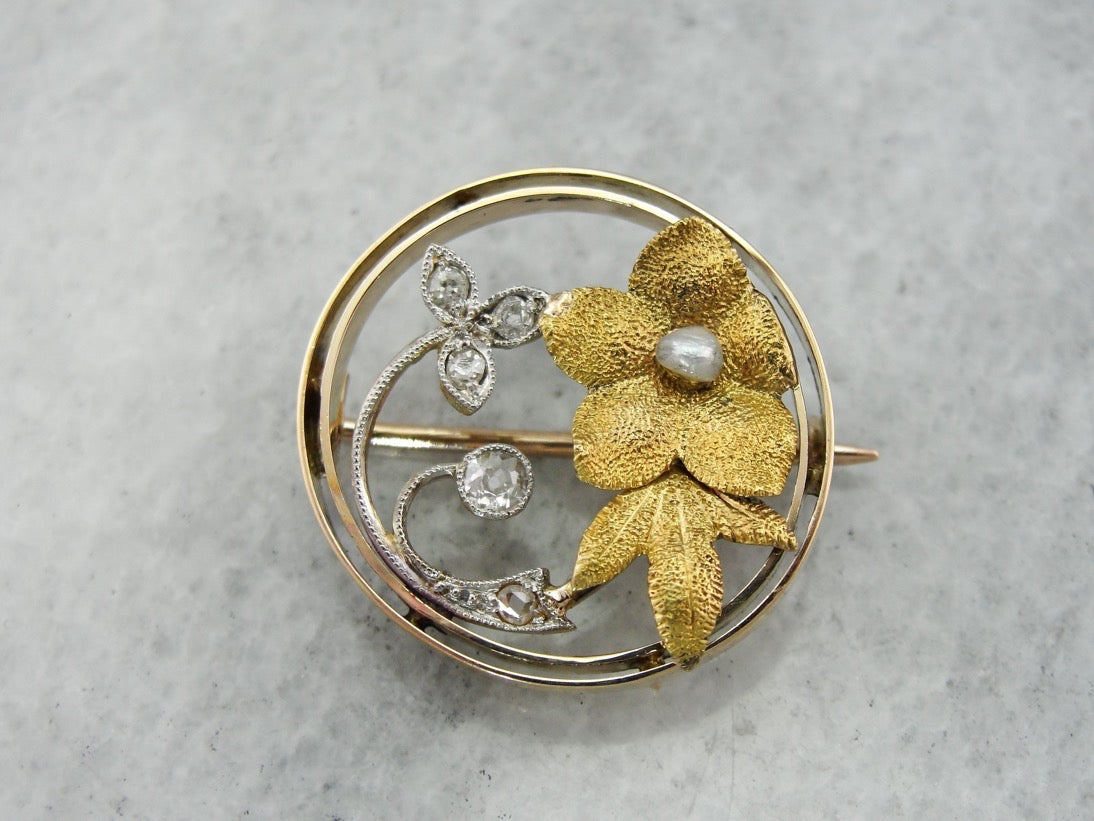 Lovely Antique Diamond and Seed Pearl Floral Brooch