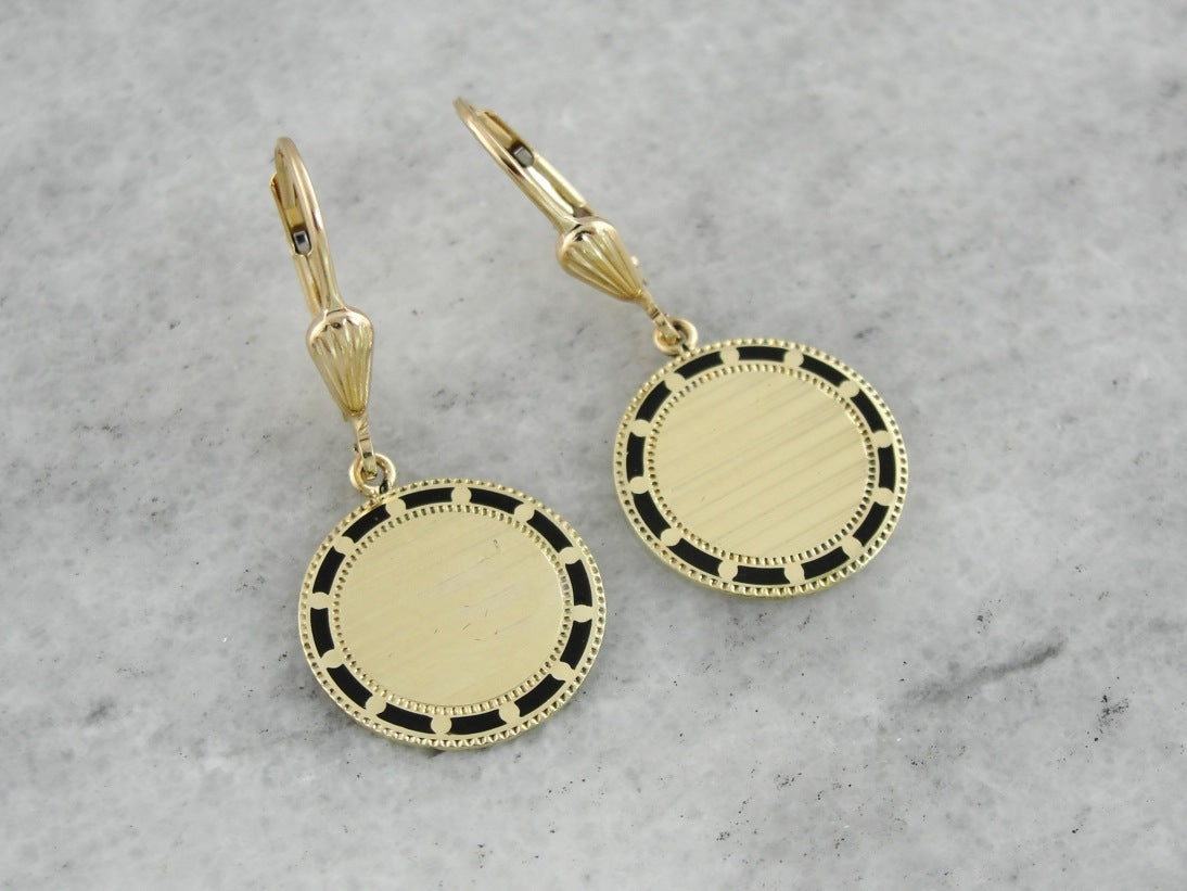 Retrofitted Antique Black Enamel Cufflink Earrings, Circular in Shape with Yellow Gold Leverbacks