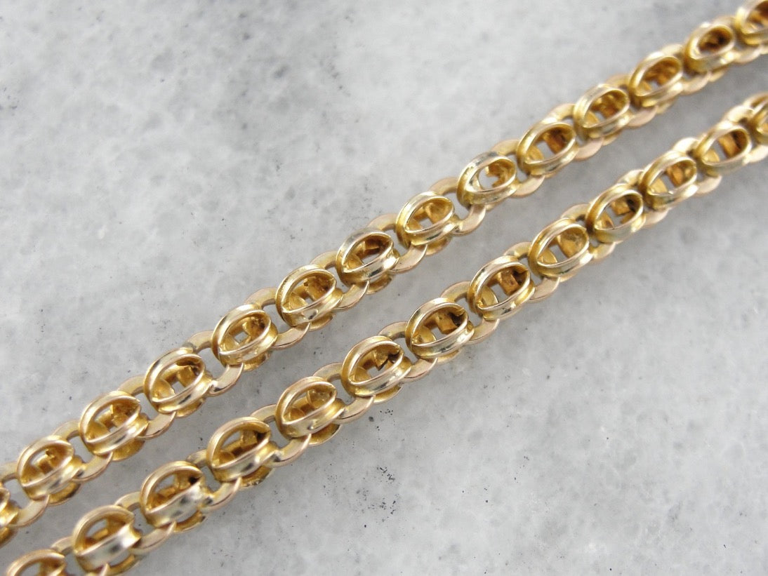 Long Vintage Yellow Gold Pendant Chain, Victorian Revival