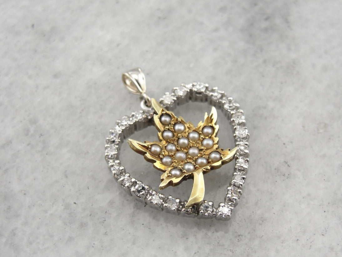 Little Maple Leaf and Diamond Heart Pendant