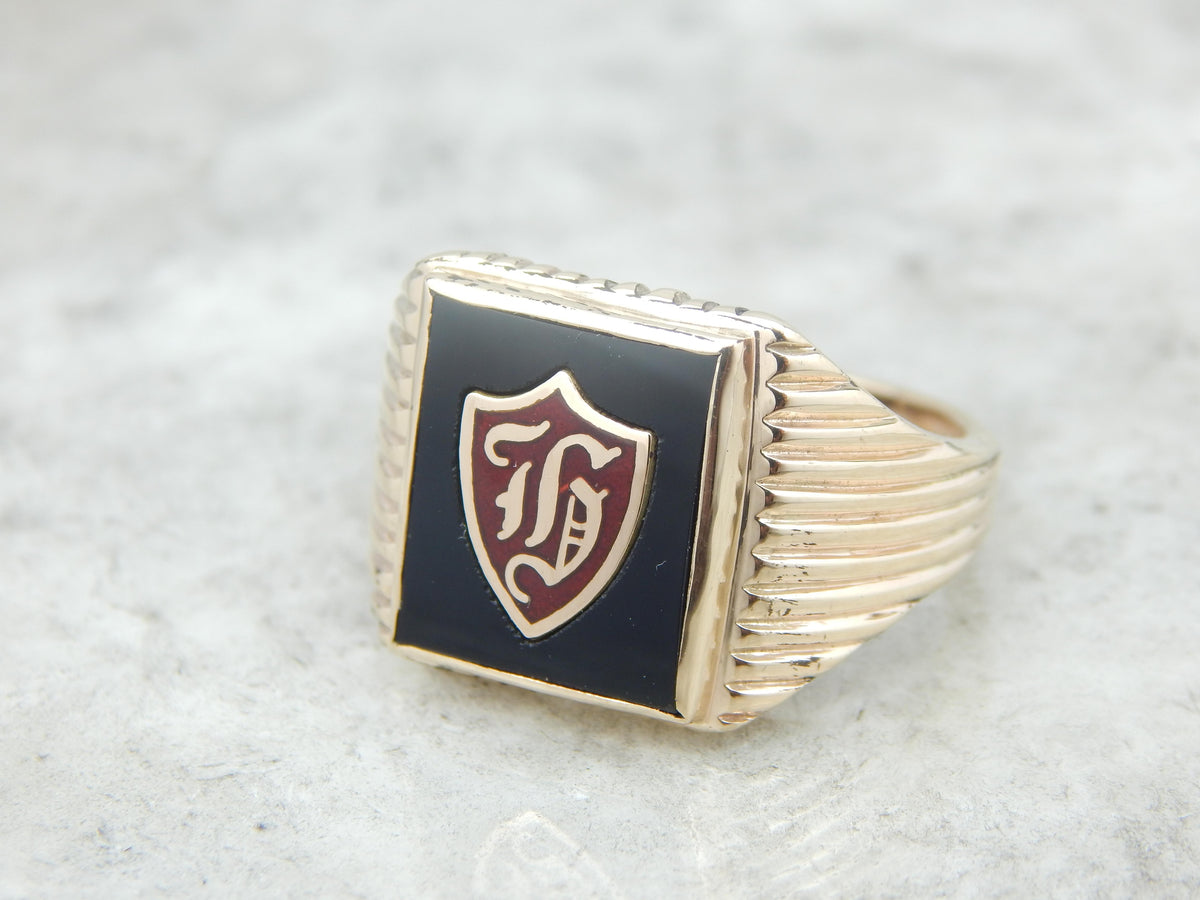 Enamel and Onyx Men&#39;s H Monogram Ring