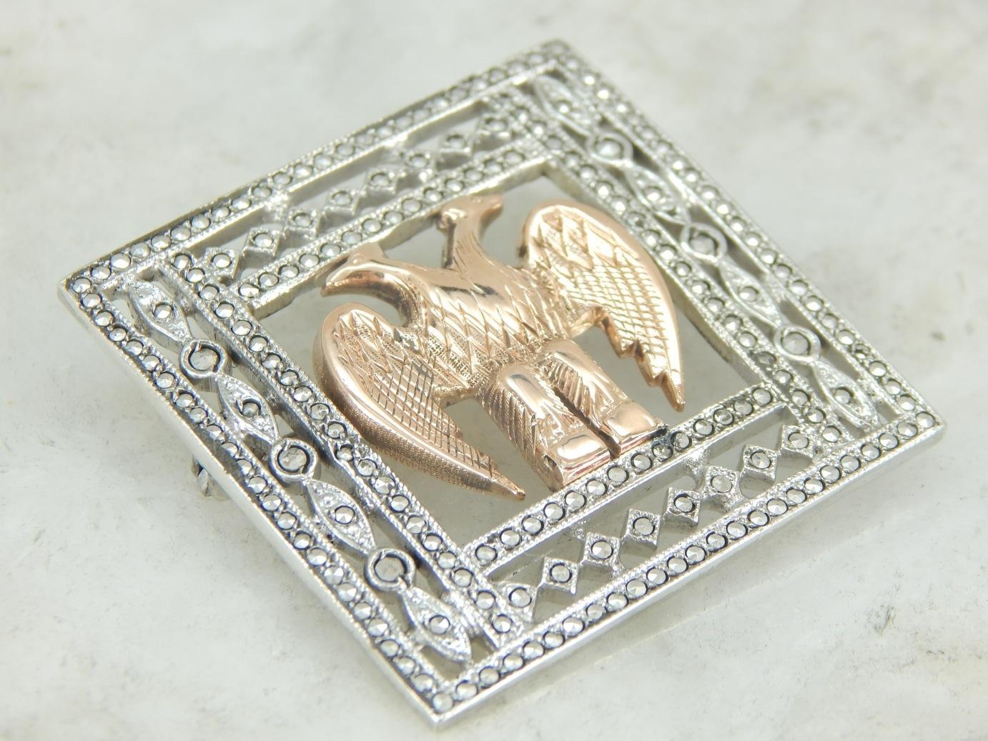 Incredible Art Deco Brooch in Sterling and Marcasite with Rose Gold Double Eagle Center