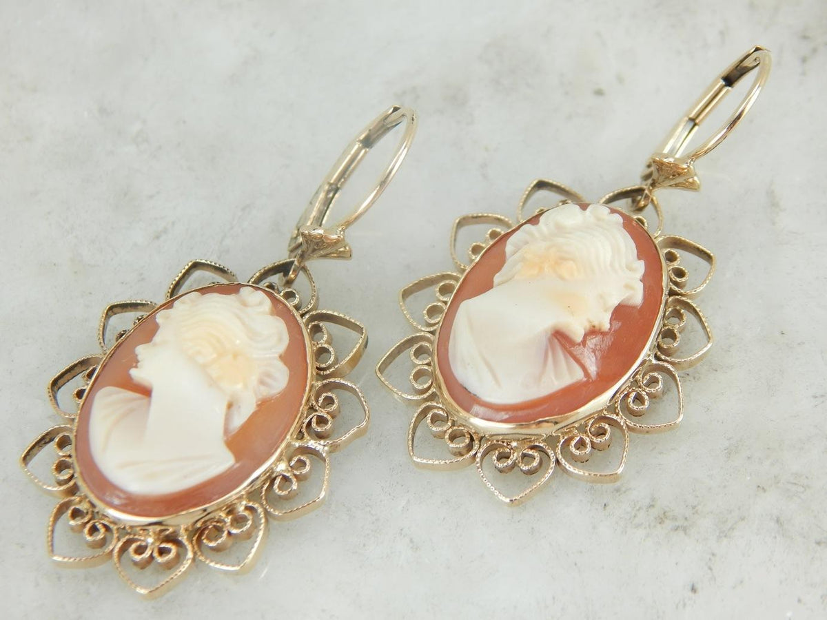 Retro Era Filigree Framed Cameo Earrings