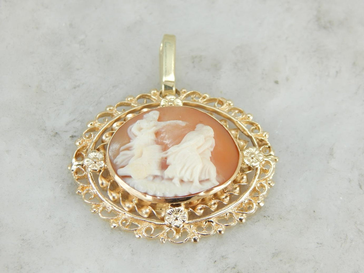 Chariot of the Gods, Carved Cameo Pendant in Ornate Frame