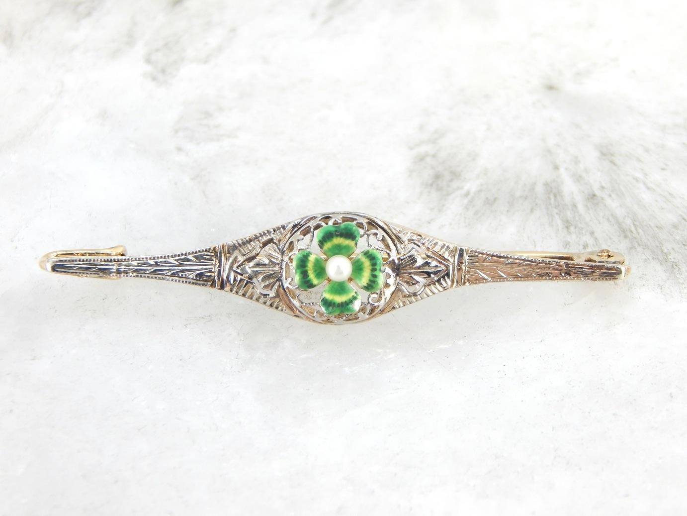 Antique Bar Pin with Art Nouveau Four Leaf Clover and Pearl Center