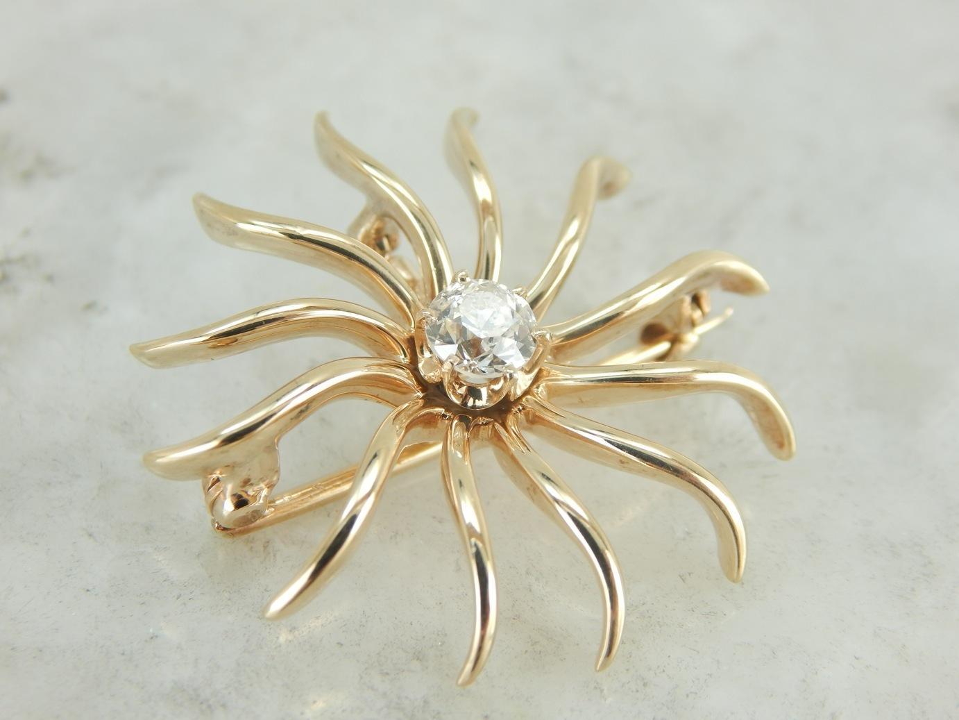 Diamond Sun Pendant or Brooch in Yellow Gold