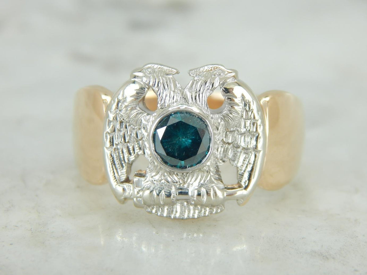 Masonic Double Head Eagle Ring with Blue Diamond Center