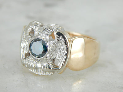 Masonic Double Head Eagle Ring with Blue Diamond Center