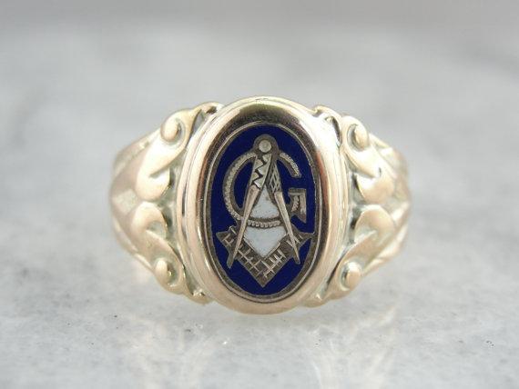 Classic Signet with Gold and Blue Enamel Masonic Ring