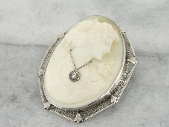 Art Deco Cameo Habille White Gold Brooch