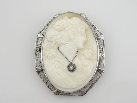 Art Deco Cameo Habille White Gold Brooch