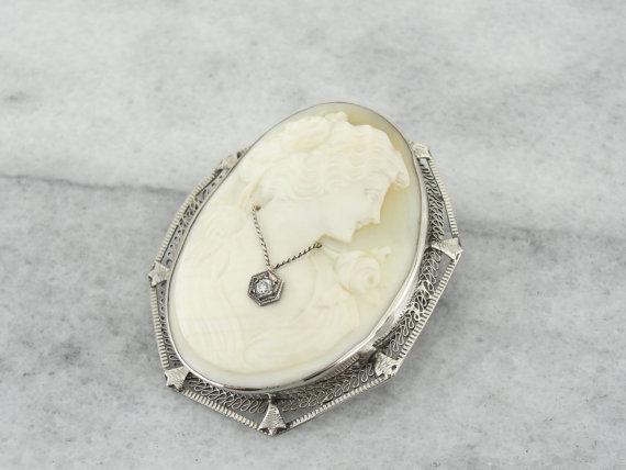 Art Deco Cameo Habille White Gold Brooch