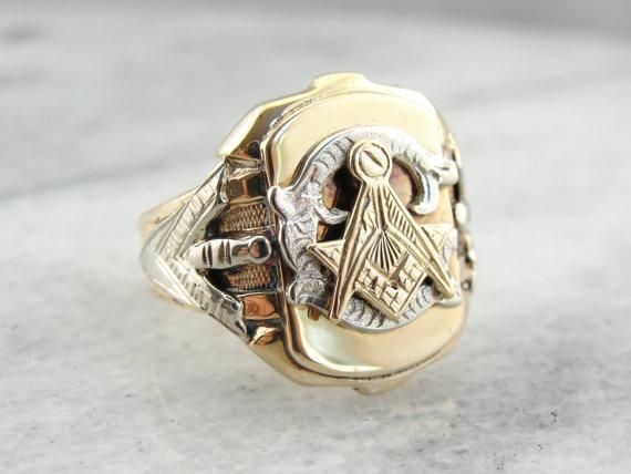 Yellow Gold Textured Top, Ornate Masonic  Ring