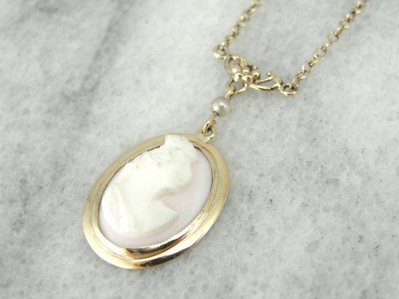 Antique Fine Gold and Pale Pink Shell Lavalier Necklace