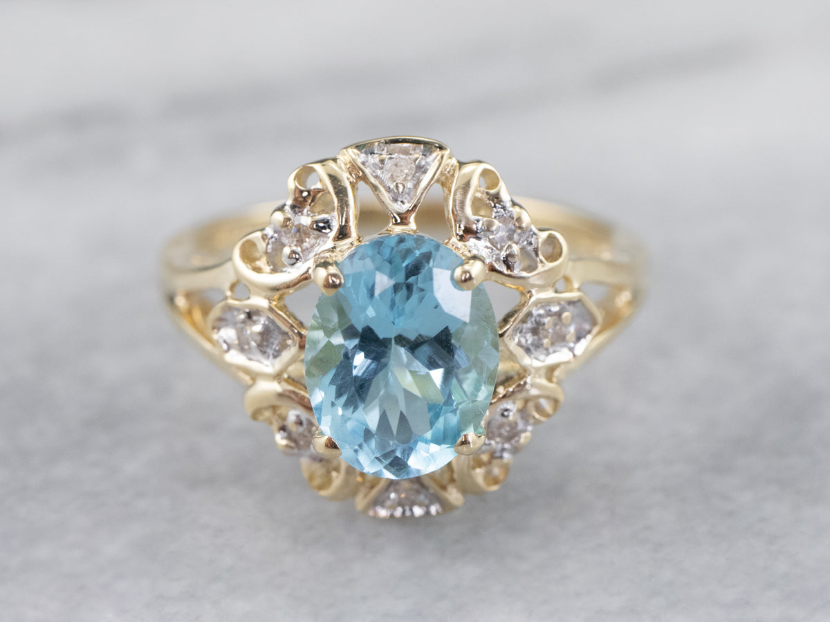 Blue Topaz Diamond Halo Ring