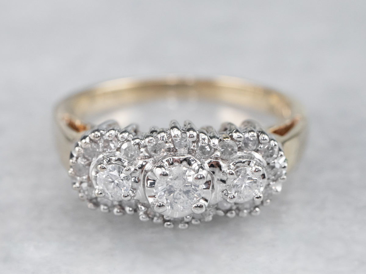 Three Diamond Halo Engagement Ring