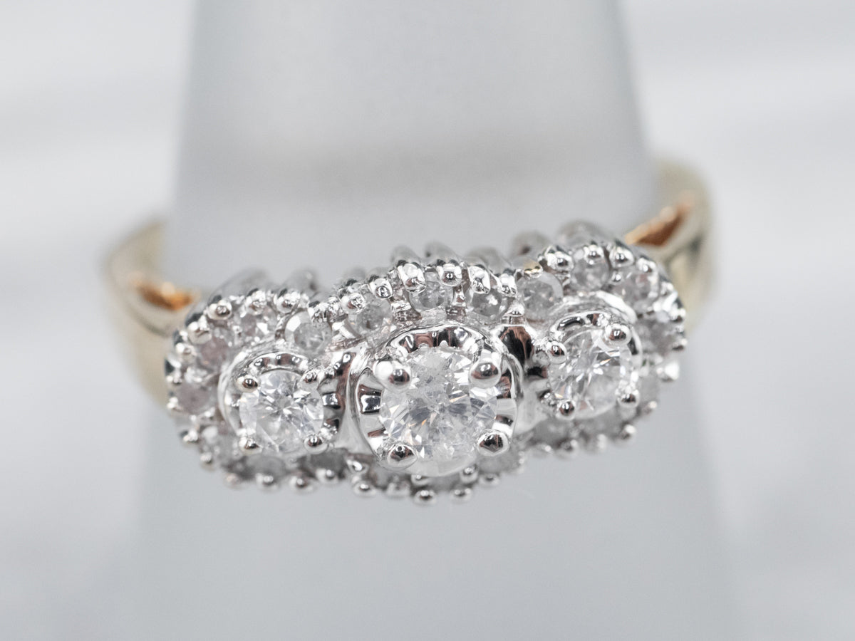 Three Diamond Halo Engagement Ring