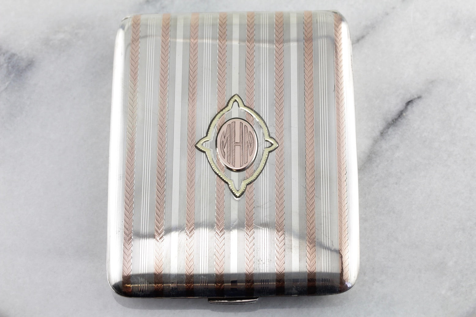 Late Art Deco Monogramed "MHN" Cigarette Case, Solid Sterling Silver with Rose & Yellow Gold Accents