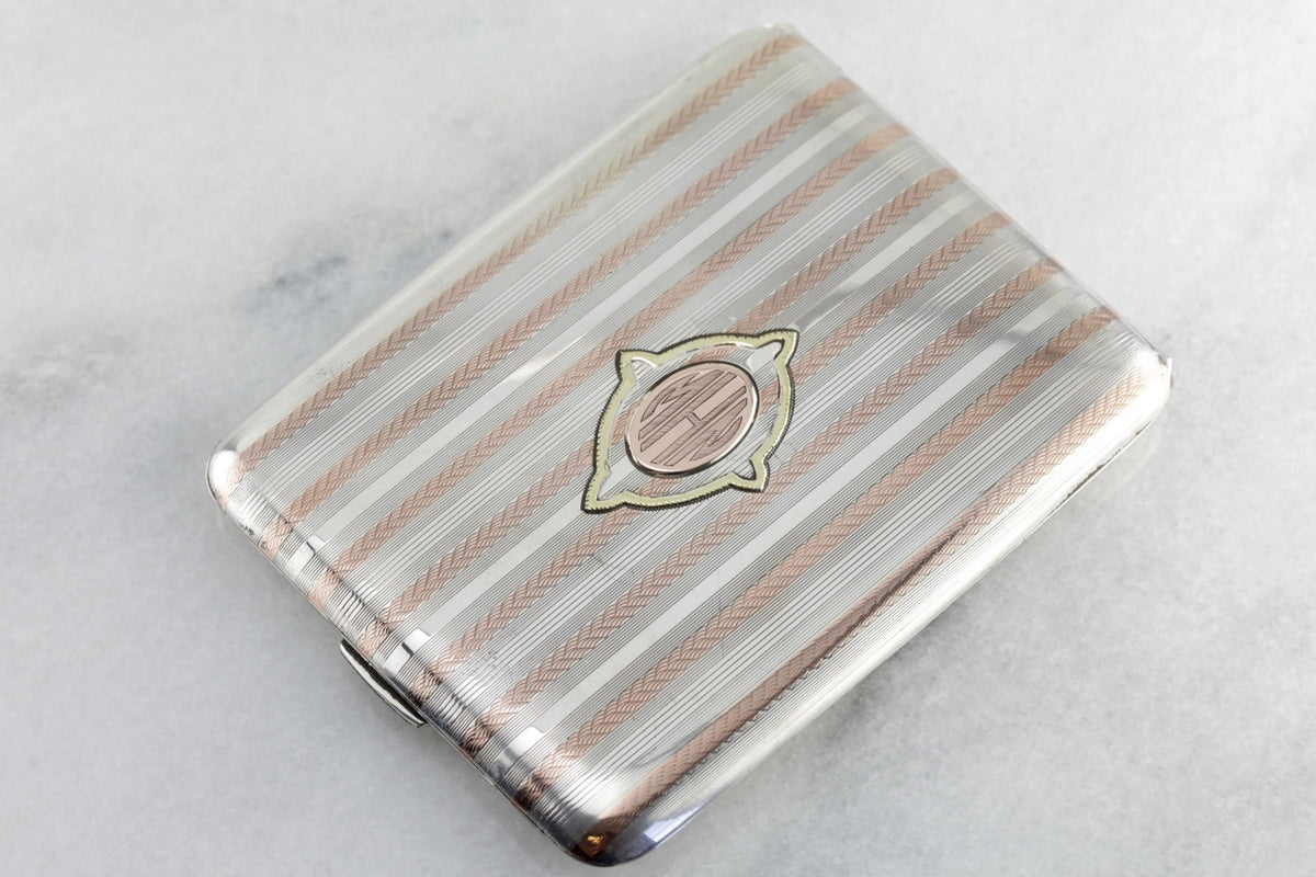 Late Art Deco Monogramed &quot;MHN&quot; Cigarette Case, Solid Sterling Silver with Rose &amp; Yellow Gold Accents