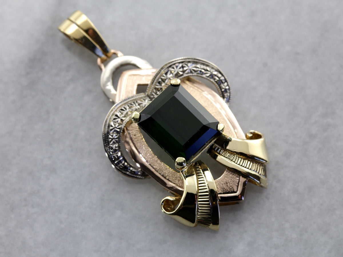 Retro Era Statement Pendant, Green Tourmaline in Tri Color Gold