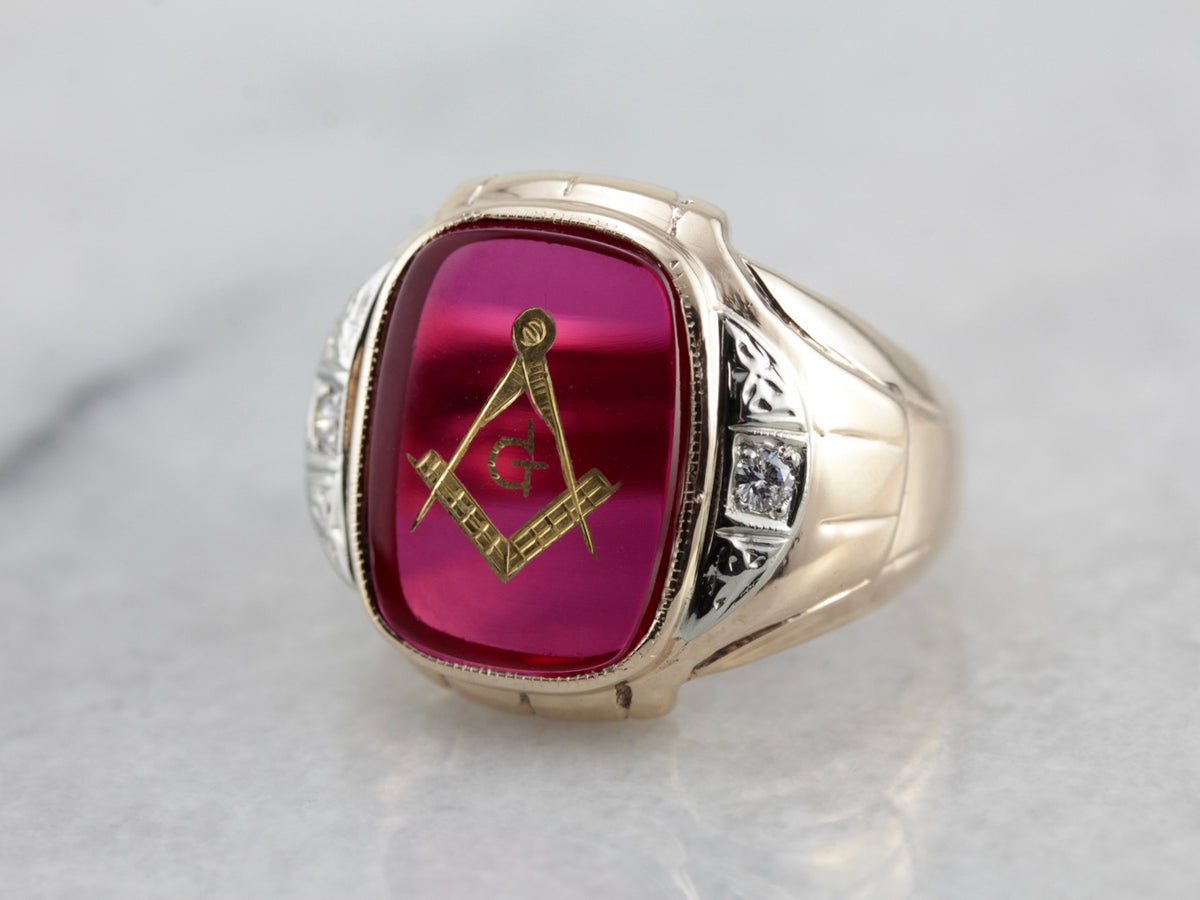 Bold Ruby Red Glass Masonic Ring with Diamond Accented Shoulders, Men&#39;s Fraternal Ring