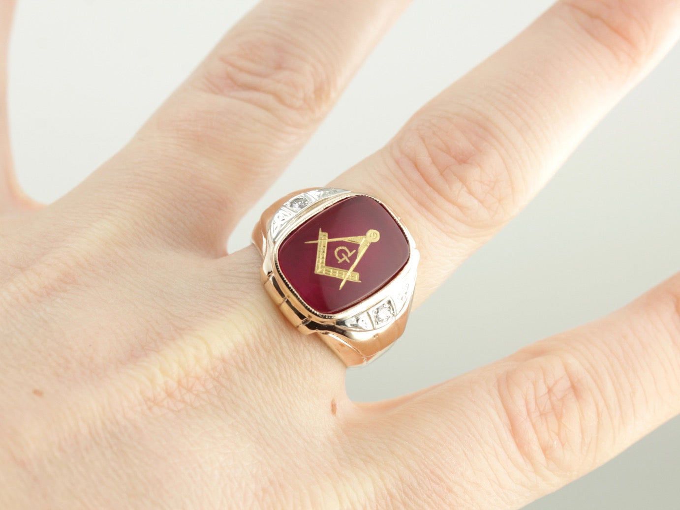 Bold Ruby Red Glass Masonic Ring with Diamond Accented Shoulders Men