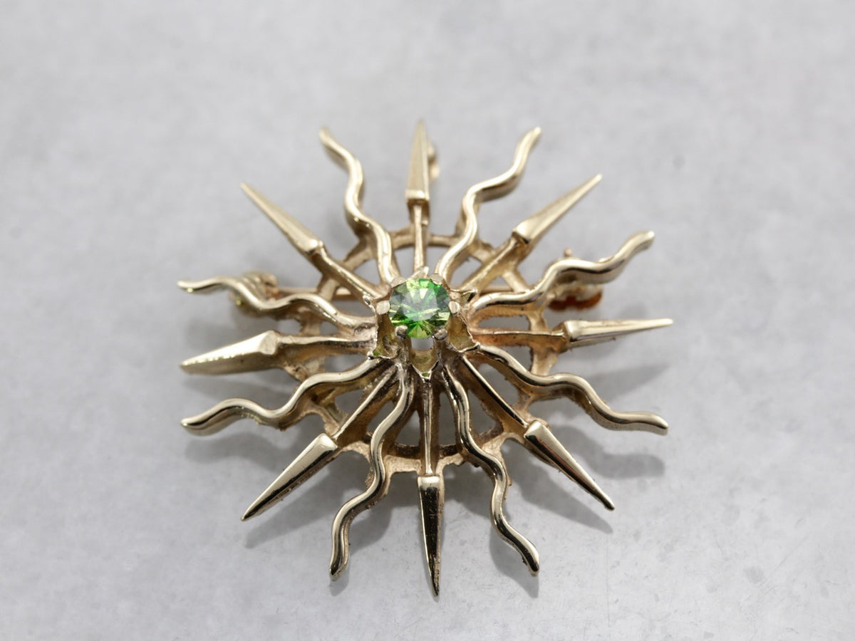 Demantoid Garnet Sunburst, Radiant Sun Pin or Pendant in Yellow Gold