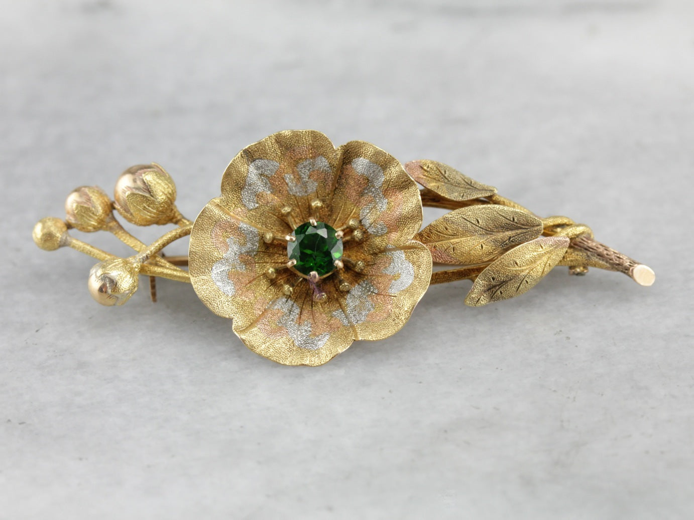 Demantoid Garnet Floral Gold Brooch