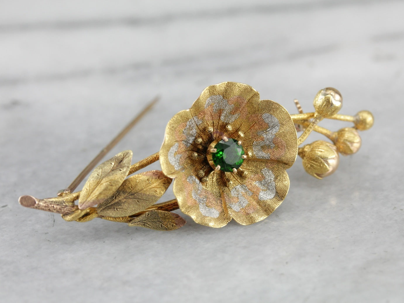 Demantoid Garnet Floral Gold Brooch