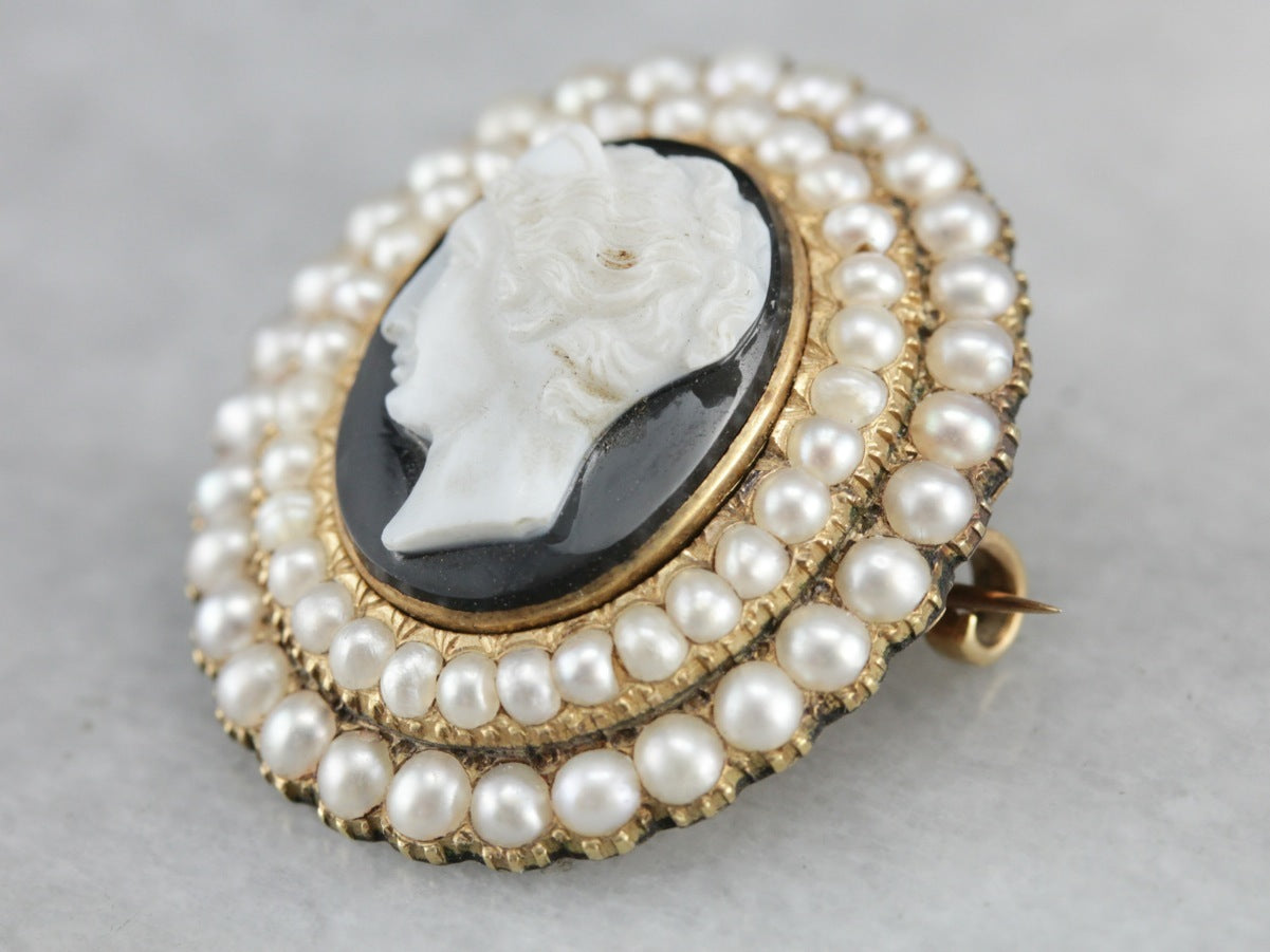 Market Square Jewelers Antique Victorian Onyx Cameo Seed Pearl Brooch