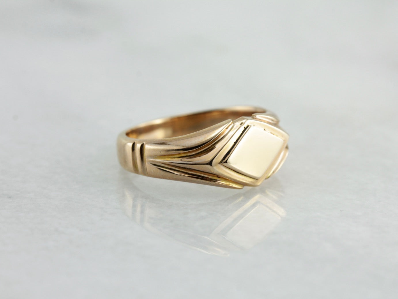 Retro Era Signet Ring, Unusual Diamond Shape Signet Ring in Rose Gold