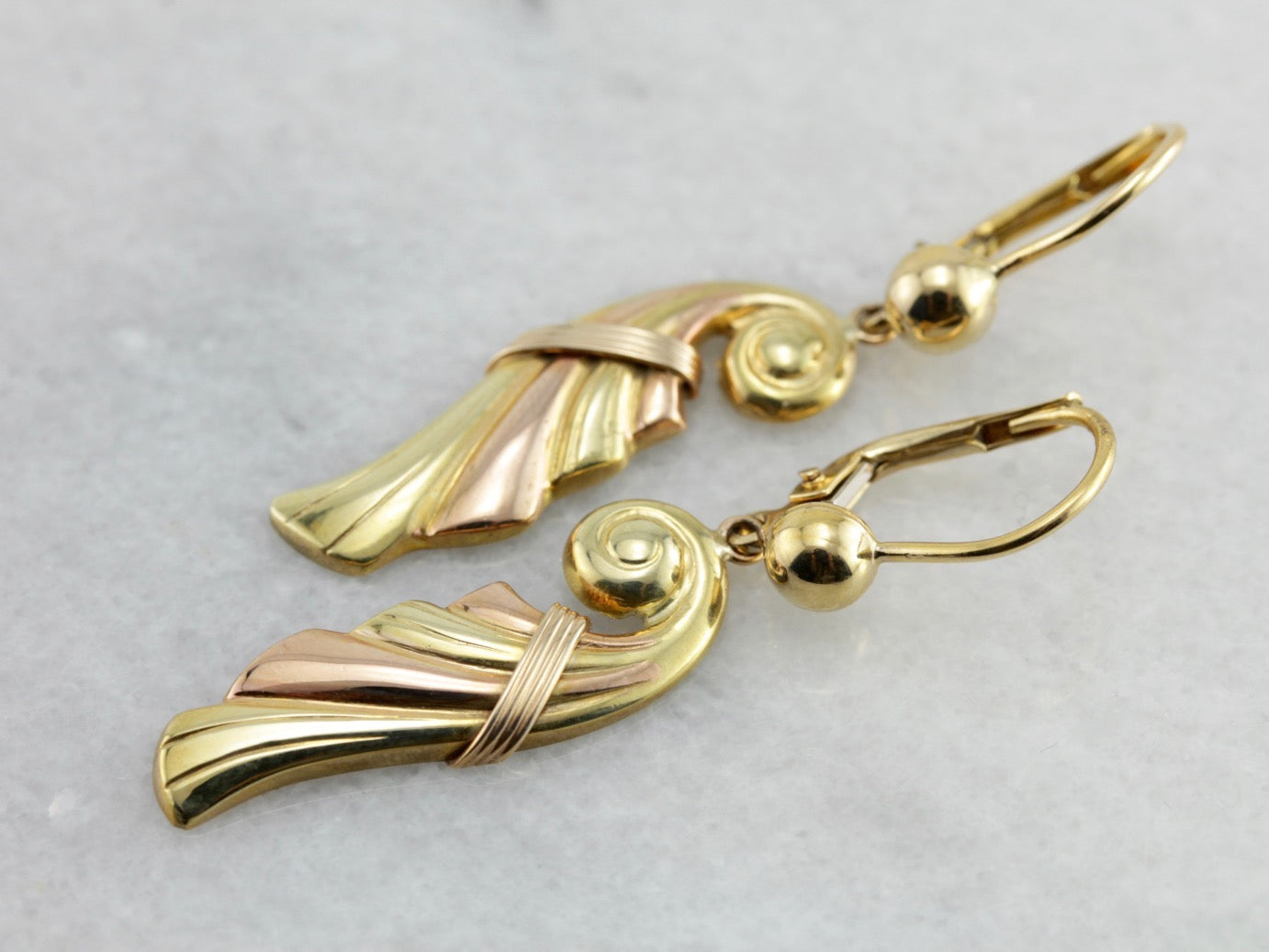 Amazing Retro Era Dangle Earrings, Rose and Yellow Gold Cornucopia Shaped Drops