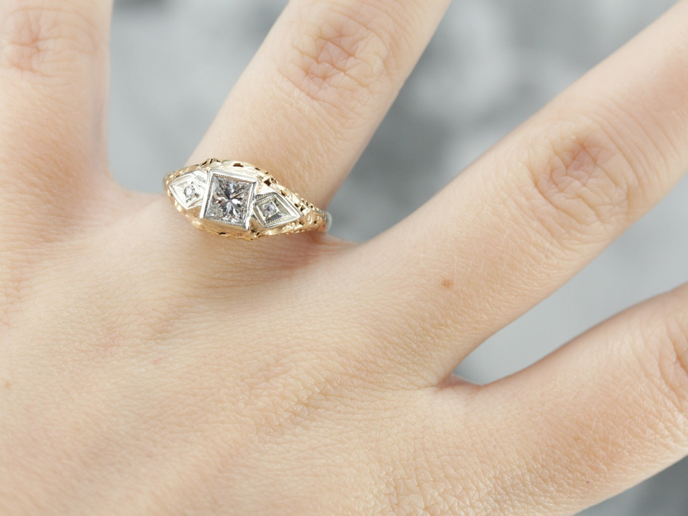 Retro Diamond Two Tone Gold Filigree Ring